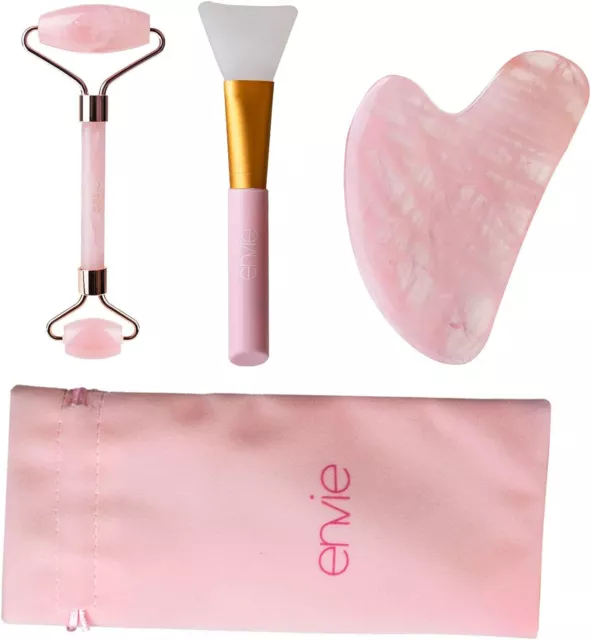 Envie Rosa Cuarzo Facial Rodillo Set Con 3 Artículos Y Rosa Almacenaje Bolsa