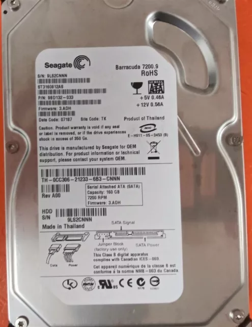 ⭐️⭐️⭐️⭐️⭐️ Desktop 3.5" SATA HDD Hard Drive Seagate ST3160812AS 160GB FW: 3.ADH