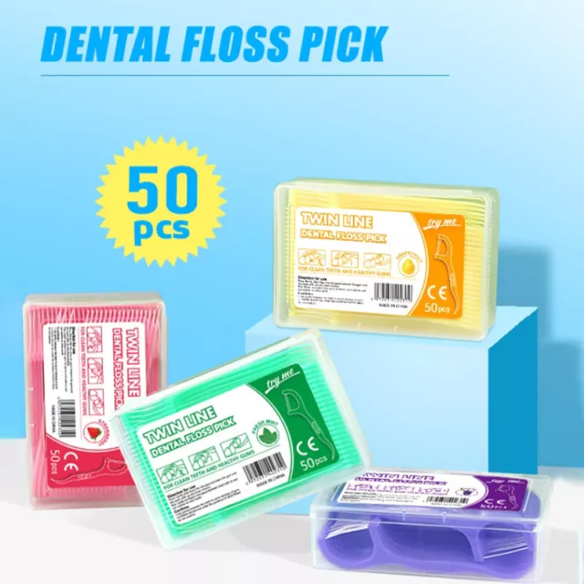 50Pcs/Box Colorful Fruit Flavor Dental Floss Pick Teeth Cleaner With BFM