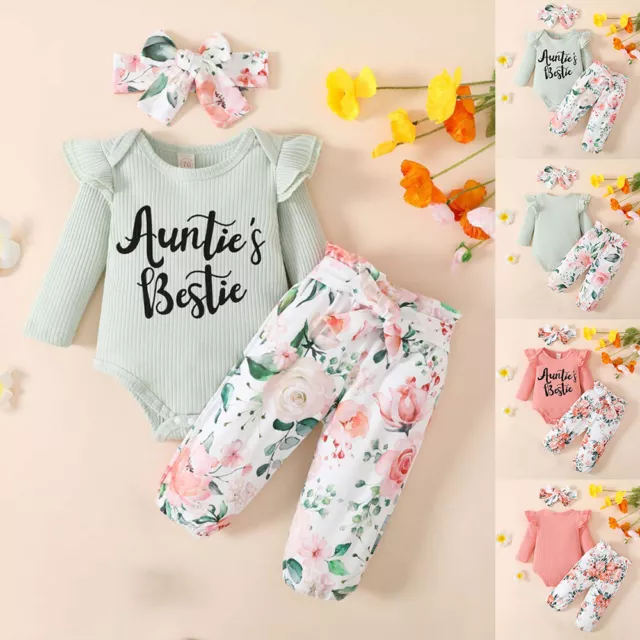 Newborn Baby Girls Outfit Ruffle Romper Tops+Floral Pants+Headband Clothes Set