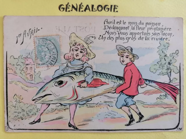 CPA FANTAISIE de 1905 Illustration 1er Avril Gros POISSON April fish