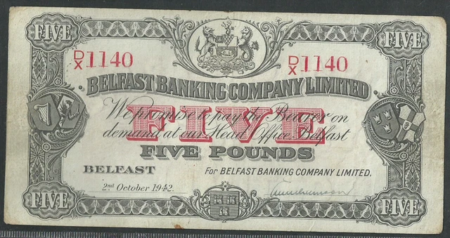 NORTHERN IRELAND £5 POUNDS 1942 BELFAST BANKING COMPANY LTD P#127b VF RARE