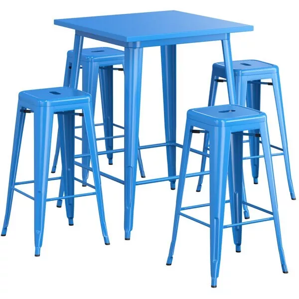 32" Square Blue Metal Restaurant Bar Table Set with 4 Backless Barstools