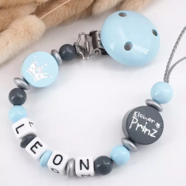 Schnullerkette mit Namen ★ KRONE & PRINZ ★ blau grau Junge Baby Geschenk