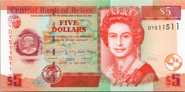 Belize 5 Dollars 2020, REPEATER 511 511, UNC, P-67, QEII