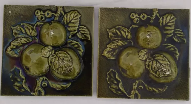 PAIR of FIREPLACE MAJOLICA TILE RELIEF MOULDED with APPLE & LEAF FRUIT DESIGN c