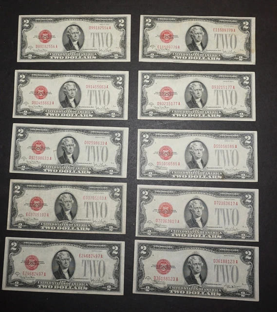 10 : 1928 2 Dollar Series E, F, &G Untied States Notes Red Seal All Crisp Xf-Unc