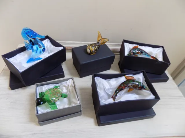 Murano small glass ocean dolphin turtle sea horse wale boxed set of 5 miniature