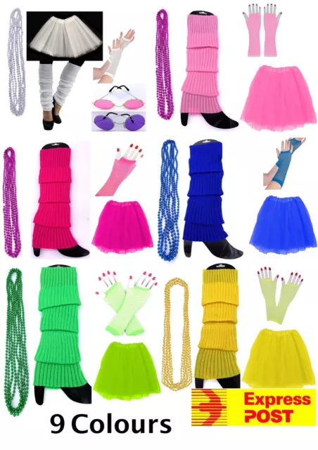 Ladies 80s Tutu Skirt Fishnet Gloves Leg Warmers Necklace 1980s Dancing Costumes