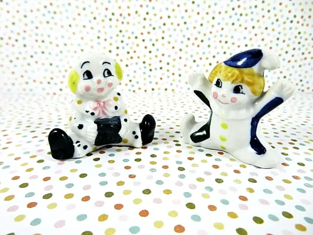Pair Bug House Porcelain Miniature Clowns Figurines 1.5 Inches Wide Glossy