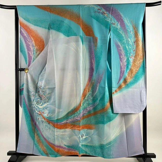 Japanese Kimono Furisode Pure Silk Flowering Plant Feather Embroidery Turquoise