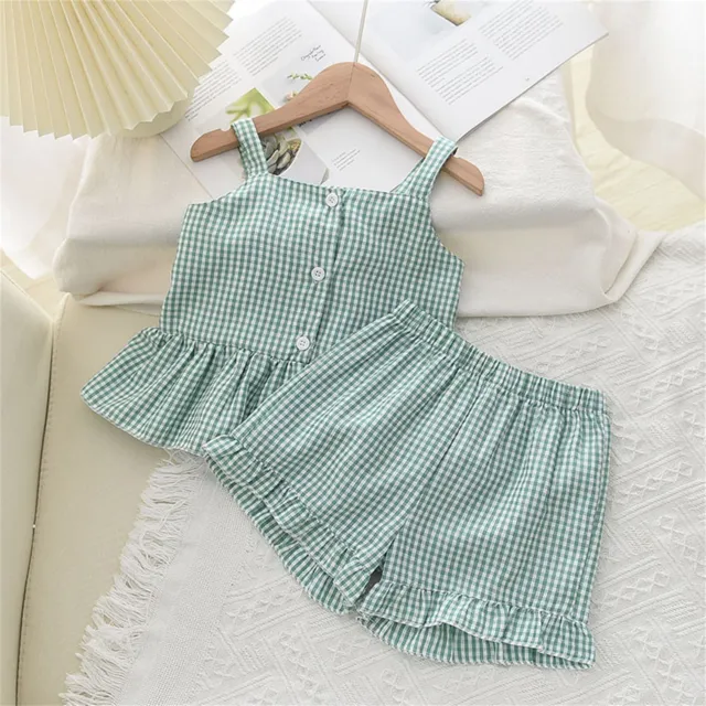 Toddler Kids Baby Girls Ruffle Sleeveless Plaid Strap Tops Bow Shorts Outfits