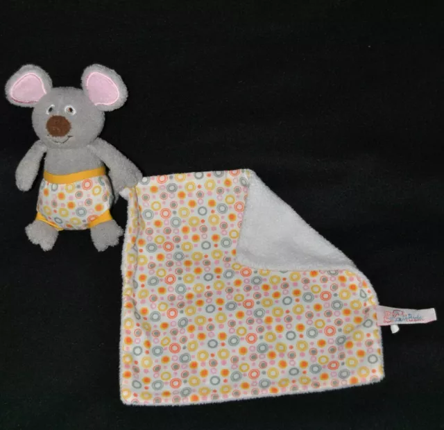 Peluche Doudou Souris Gris LATITUDE ENFANT Mouchoir Blanc Jaune Rond TTBE