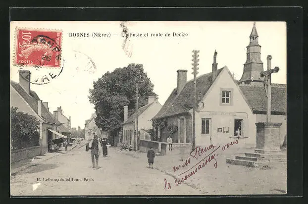 CPA Dornes, La Poste et route de Decize 1909