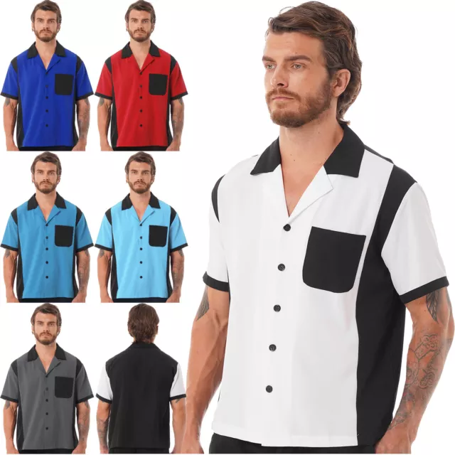 Mens Short Sleeve 50s Bowling Shirts Casual Button Down T-Shirts with Pocket Top