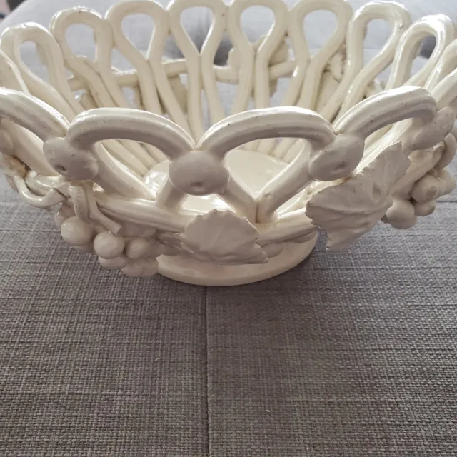 ITALIAN Rustic Woven Rope Lattice Ceramic Basket Grape Vine Handmade Bowl