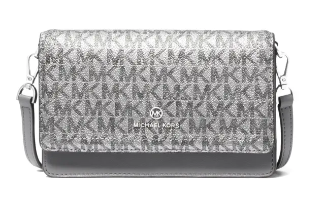 AUTH NWT Michael Kors Jet Set Charm Coated Canvas Phone Wallet Crossbody-Silver