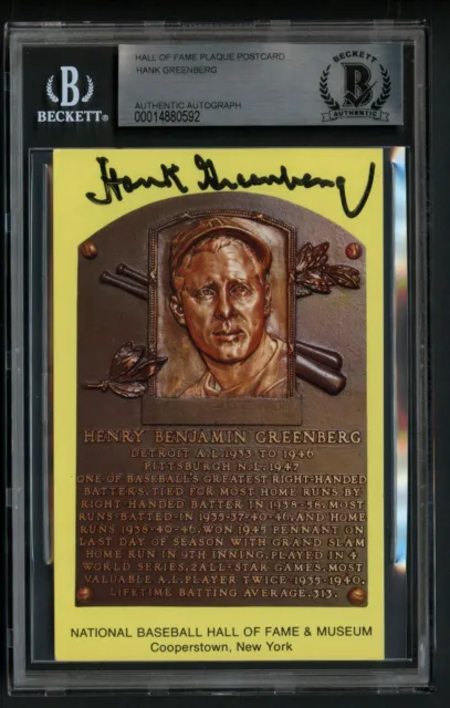 Hank Greenberg d1986 signed autograph auto Hall of Fame Plaque Postcard BAS Slab