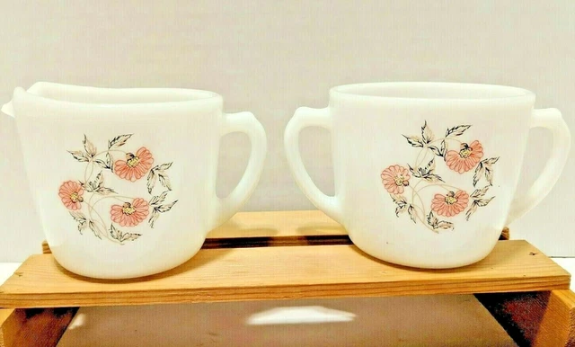 Fire King Pink Fleurette Vintage Milk Glass Cream  And Sugar Cup Set