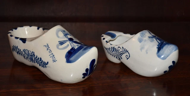 2 x Hand painted Delft ceramic clogs blue windmill design