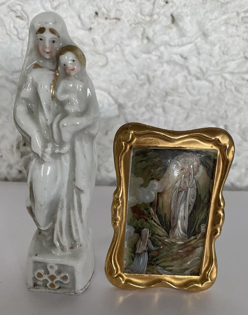 Broche Ancienne En Porcelaine De Limoges - Vierge Marie Peinte à La Main, Vintage, Occasion, Métal Et Porcelaine
