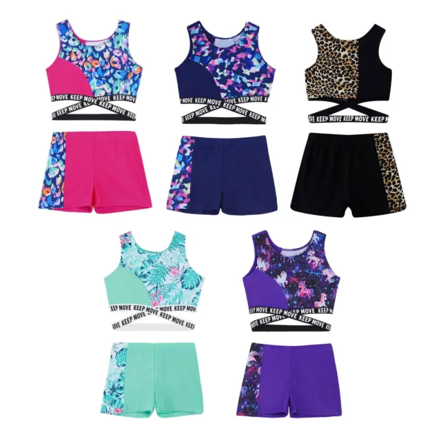 Kids Girls Sport Suit Cross Sash Crop Vest Shorts Set Running Dance Sportswear