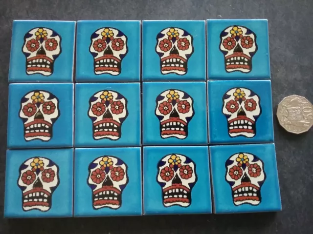 MEXICAN TALAVERA TILES x 12  ( 5cm x 5cm each tile )  BLUE  SKULLS