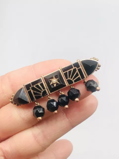 Vtg Antique Victorian Mourning Jewelry Black & Seed Pearl Bar Charms Pin Brooch