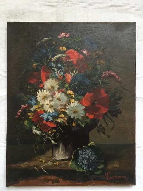 Tableau ancien, huile sur toile, nature morte, bouquet, signé.