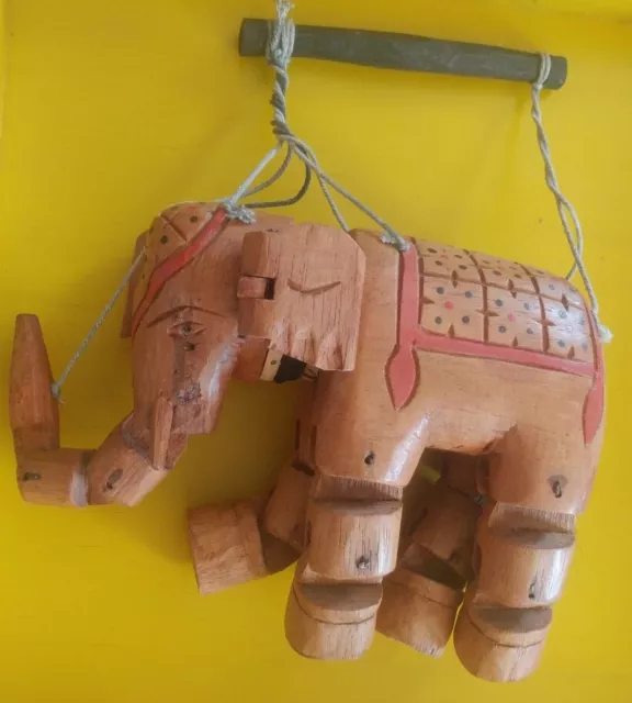 Vintage Hand Carved Wood Elephant String Marionette Puppet Decor
