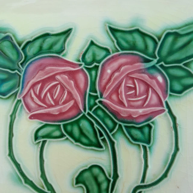 Original vintage Japan art nouveau Victorian majolica floral rose tile gorgeous 2