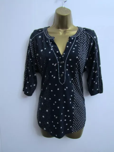 Monsoon Ladies Navy Blue Star Print Blouse Top Size Small S 10 3/4 Sleeves Xmas