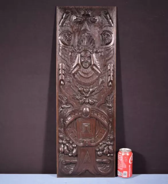 *French Antique Deeply Carved Solid Oak Wood Panel with Figure in the Center