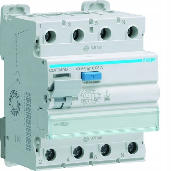 HAGER RCD 3P+N 40A 30mA F /#Z H0DY 1950