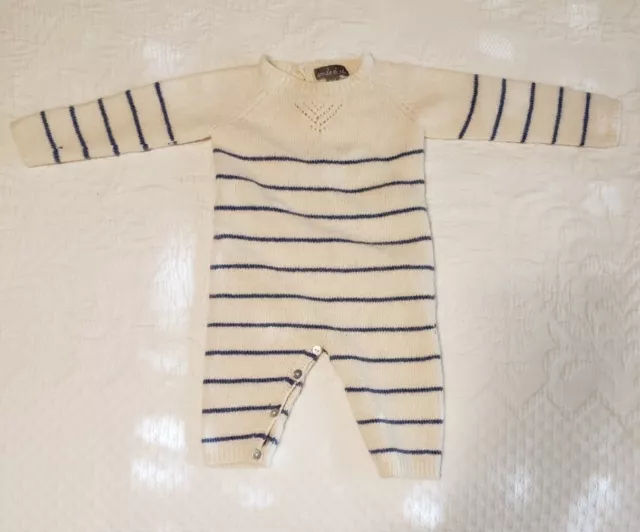 Emile et Ida 3 mo baby jumpsuit jumper wool cashmere ivory blue stripe MINT cond