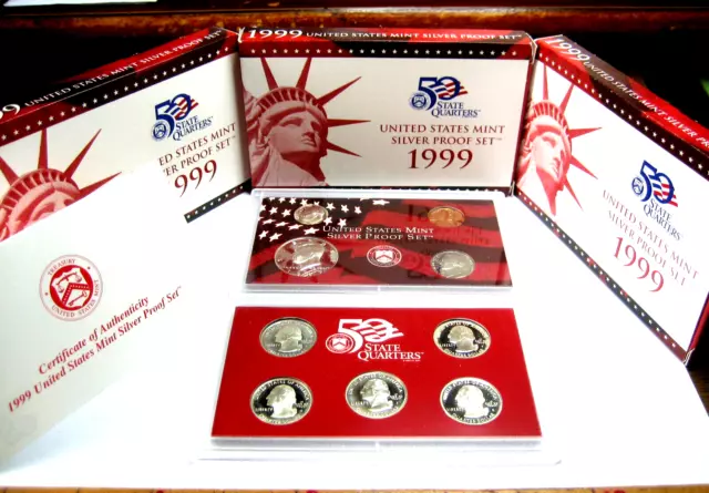 1999-S U.S. Mint Silver Proof Set 9 Coins - 90% Silver 10, 25 & 50¢  w/COA & Box
