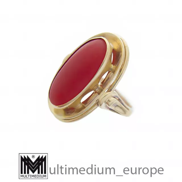 Vtg 585 Gelbgold Ring Lachs Koralle oval 50er 50s gold coral 14ct