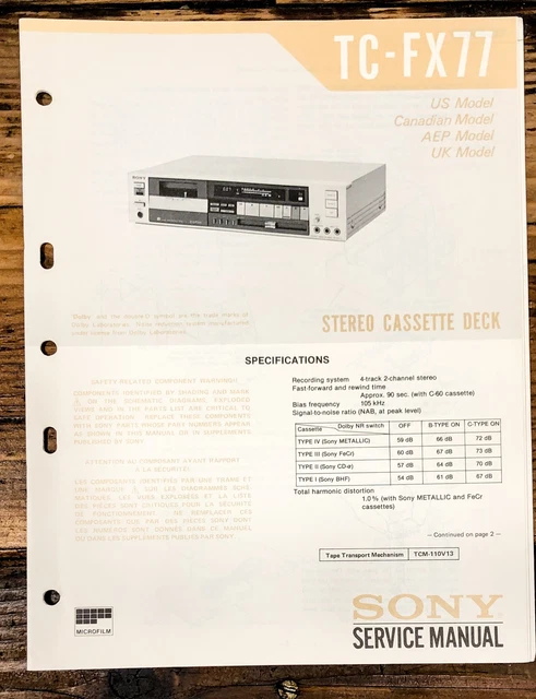 SONY TC-FX77 CASSETTE Service Manual *Original* $20.61 - PicClick CA