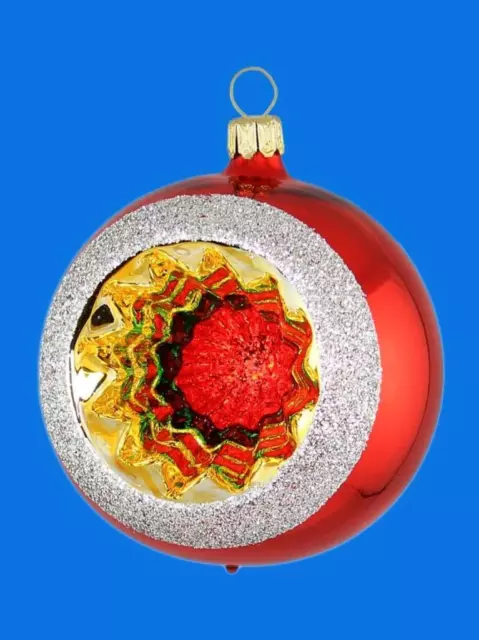 6cm RED SILVER REFLECTOR BALL GERMAN BLOWN GLASS CHRISTMAS ORNAMENT 293