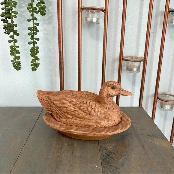 Vintage Duck Dish Ceramic Lidded Bowl Brown Textured Signed L. Slack