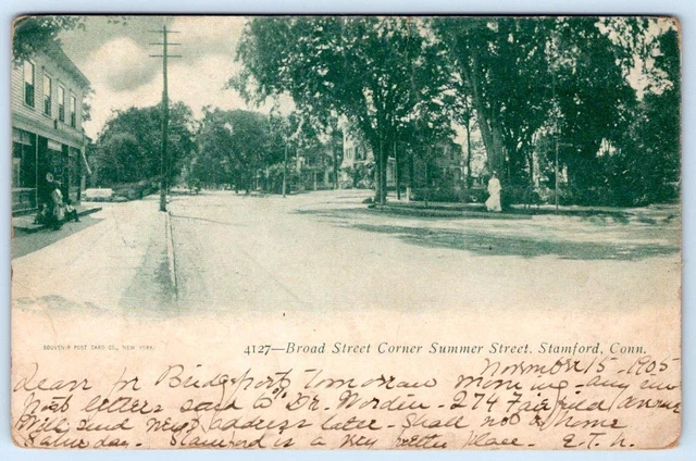 1905 Stamford Connecticut*Ct*Broad Street Corner Summer St*Souvenir Postcard Co