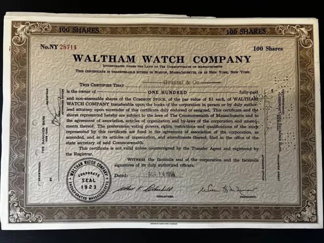 90  Pc Lot Vintage WALTHAM WATCH COMPANY stock Certificates Estate 100 Shares