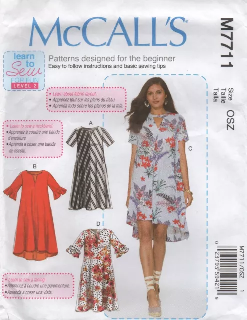 McCalls Sewing Pattern 7711 EASY Dress, Learn to Sew, Loose Fit Size 4-22  New