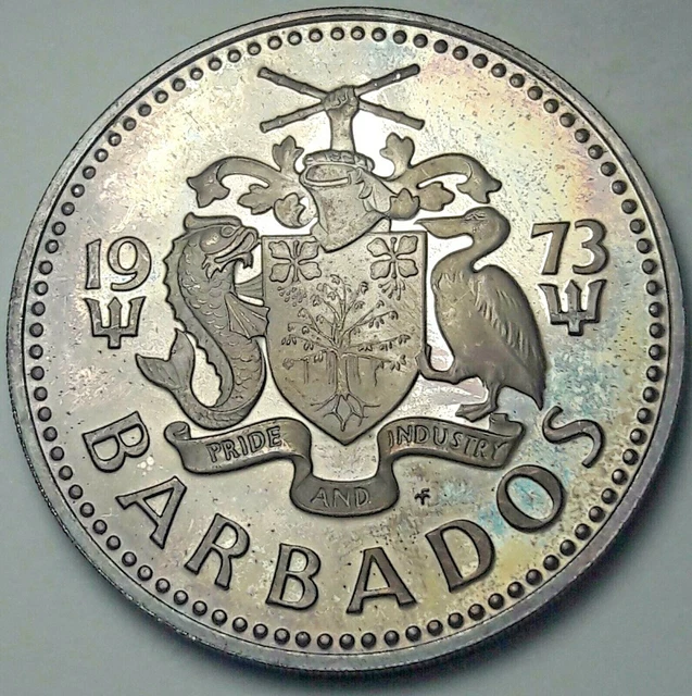 1973-Fm Barbados Five Dollars Silver Proof Unc Toned Bu Rainbow Color (Dr)