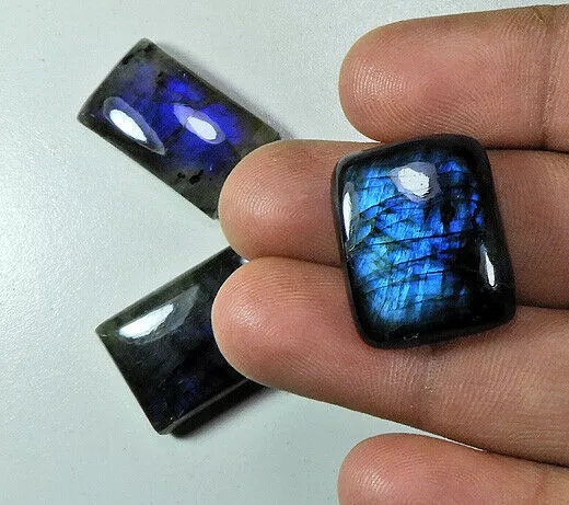 3Pcs Naturel Bleu Flash Labradorite Rectangle Cabs Pierre Précieuse Lâche...