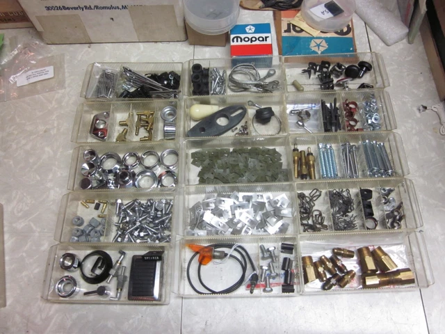 Nos Mopar Parts Box Lot Chrome Clip Brass Bolts Nuts Dodge Plymouth Chrysler