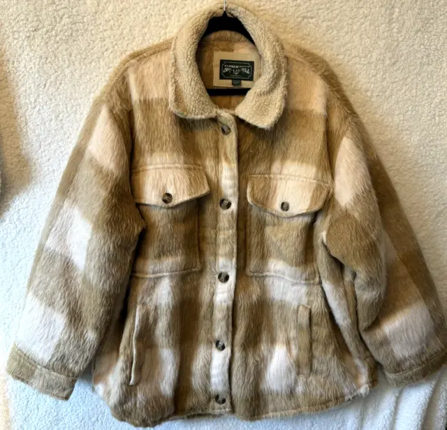 American Eagle XXL Beige Brushed Plaid Oversized Sherpa Lined Shaket Faux Fur