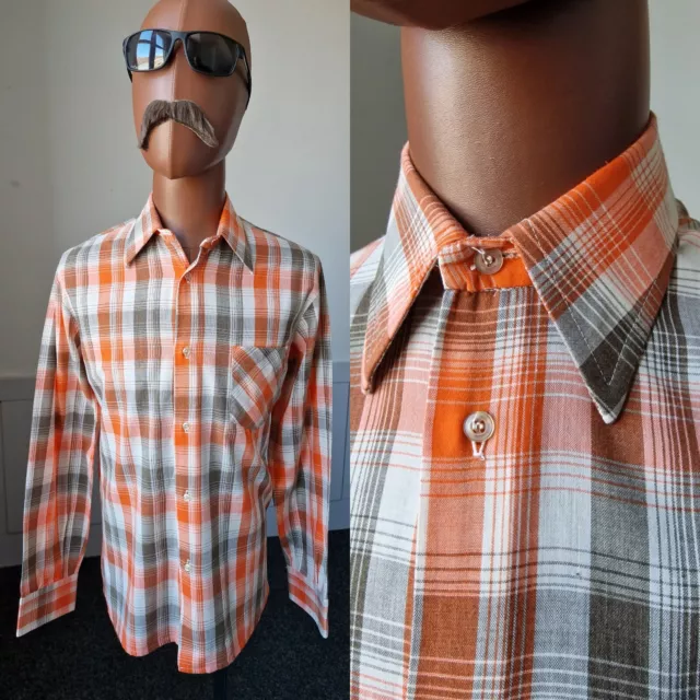 Vintage 1970s French Brummell SHIRT in Orange Check PolyCotton Mod *M* AG59