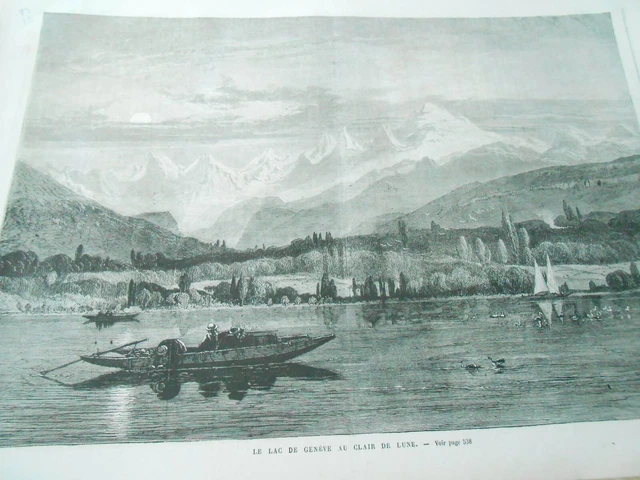 Ancienne Estampe Originale Gravure Acier – Scène De Rue à Pignerol, Clair De Lune – Vers 1850
