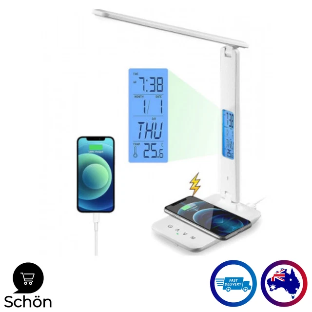 Desk lamp with wireless clearance charger and clock